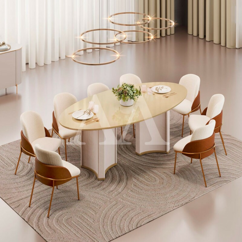 MESA DJ LIZ 218X108 TAMPO ORGANICO C/VIDRO OFF WHITE/DOURADO